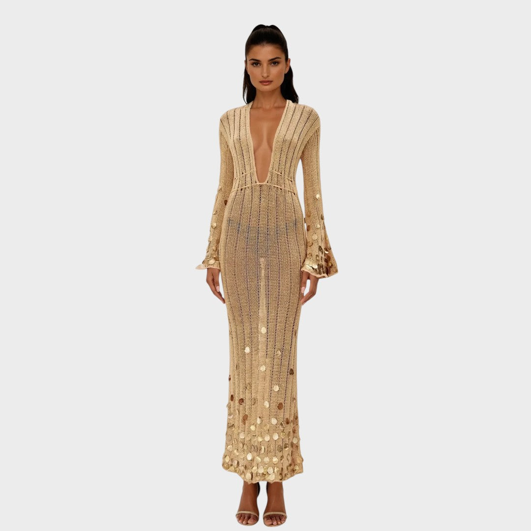 Capri | Elegante Vestido Largo de Crochet Con Detalles Brillantes
