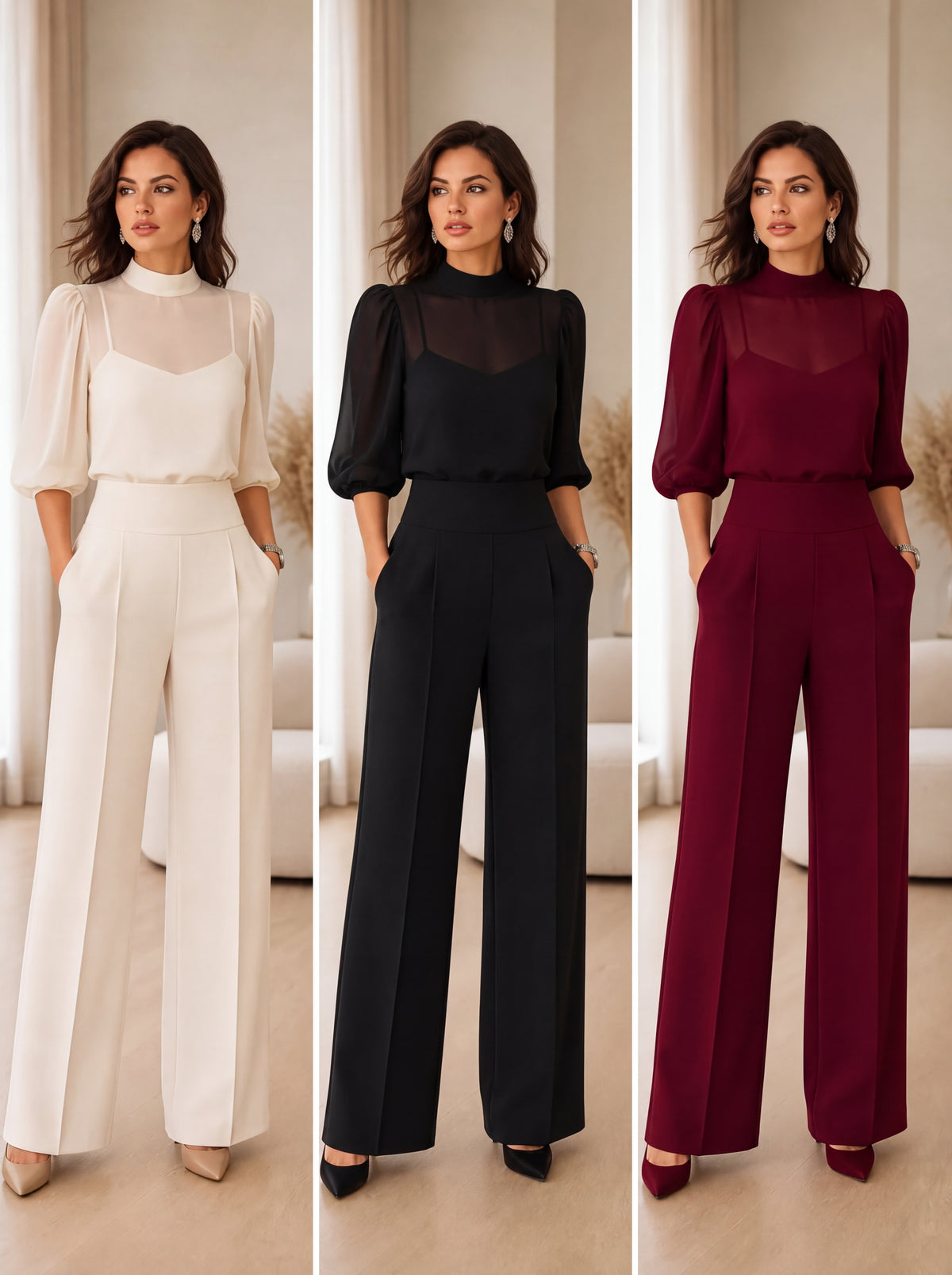 Valéria | Conjunto de tres piezas con top transparente y pantalón de pierna ancha