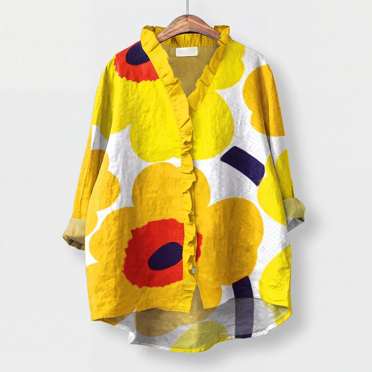 EVADNE | Blusa Amarilla con Estampado Floral Abstracto y Volantes