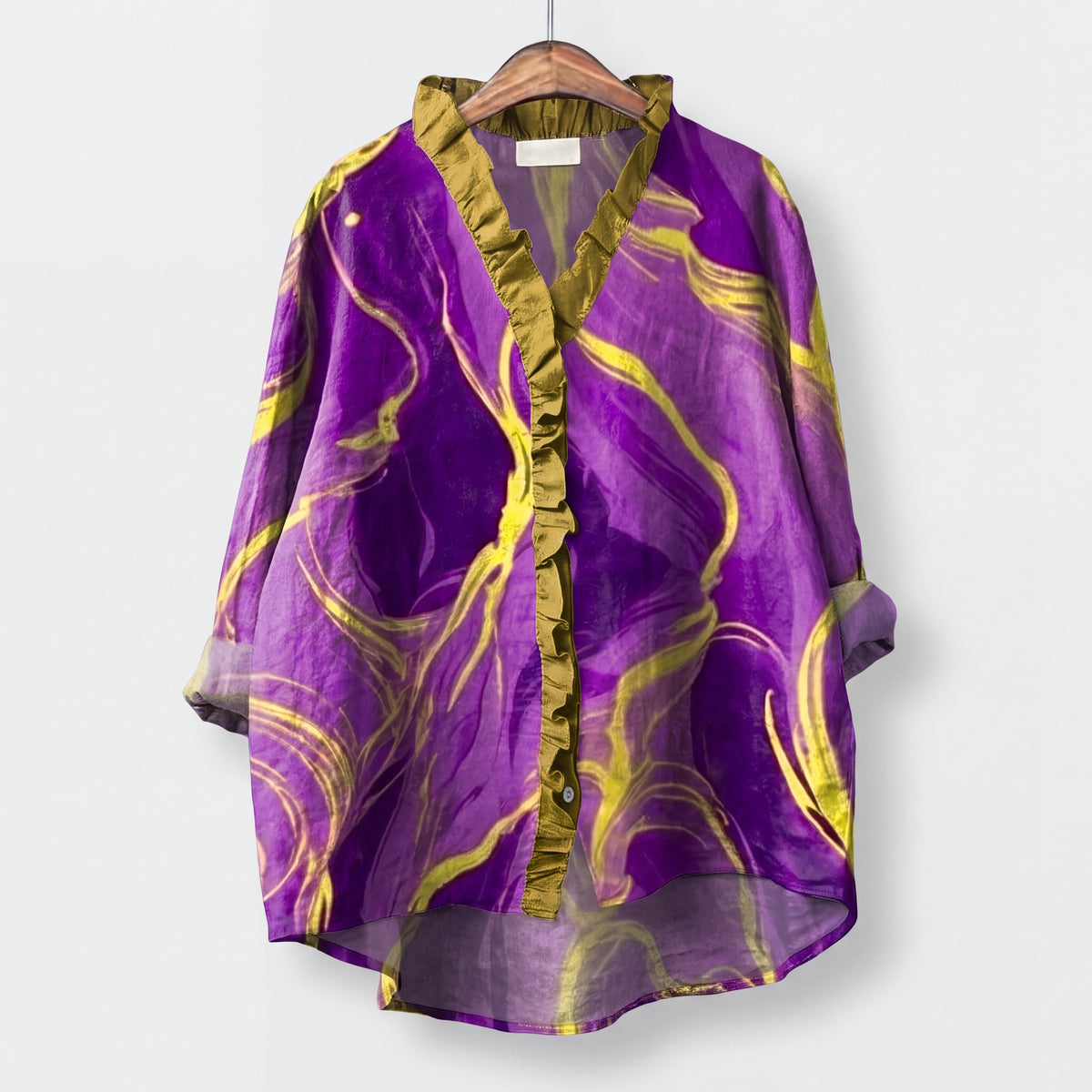 ZERENA | Blusa Morada con Estampado Abstracto y Volantes