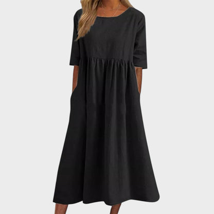 Lucia | Vestido de algodón con cuello redondo y detalle en la cintura