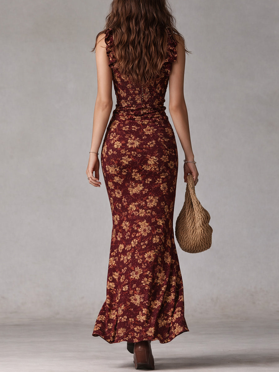 Vestido Largo Boho Retro con Mangas de Volantes y Abertura Alta