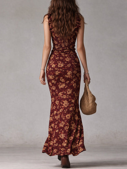 Vestido Largo Boho Retro con Mangas de Volantes y Abertura Alta