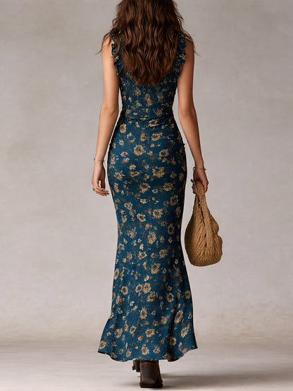 Vestido Largo Boho Retro con Mangas de Volantes y Abertura Alta