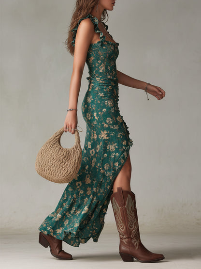 Vestido Largo Boho Retro con Mangas de Volantes y Abertura Alta