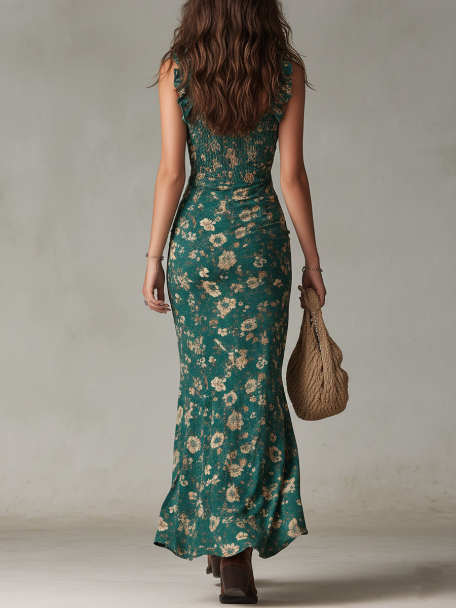Vestido Largo Boho Retro con Mangas de Volantes y Abertura Alta
