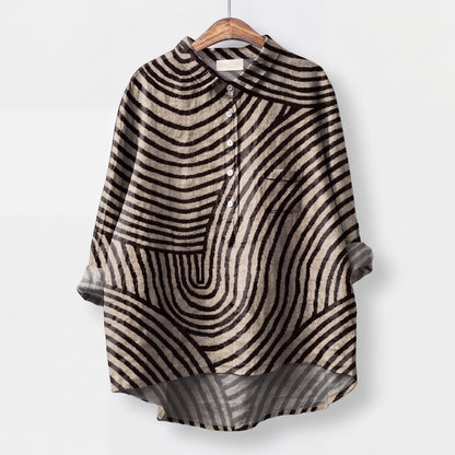 SABIRA | Blusa con Estampado Geométrico de Rayas en Negro y Beige