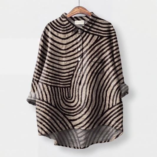 SABIRA | Blusa con Estampado Geométrico de Rayas en Negro y Beige