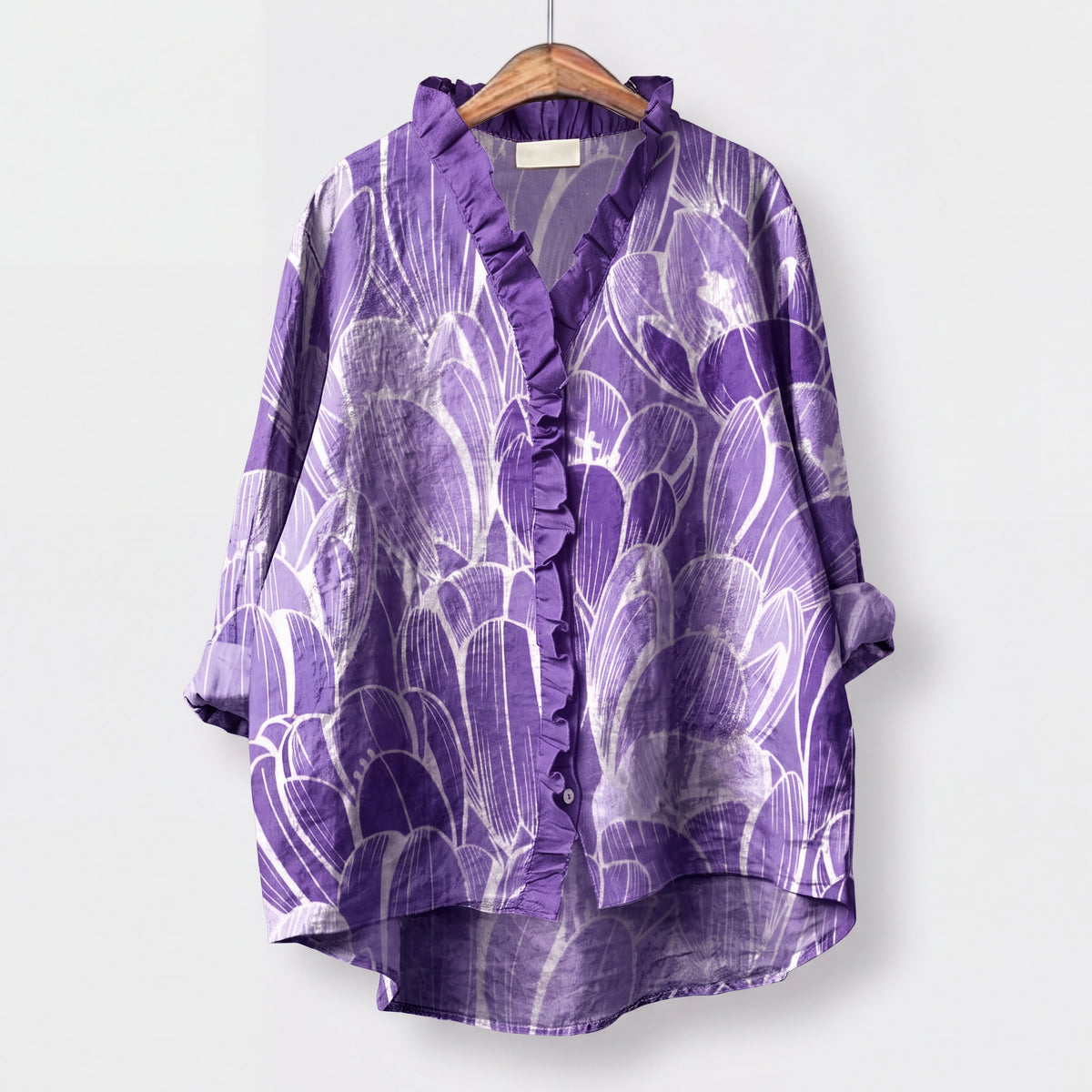 ISMARA | Blusa Lila con Estampado Floral Abstracto y Volantes