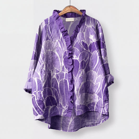 ISMARA | Blusa Lila con Estampado Floral Abstracto y Volantes