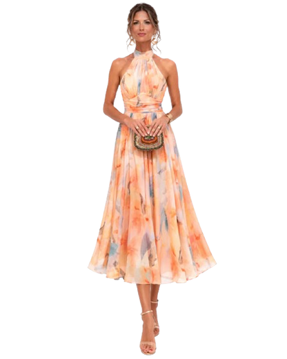 Angela | Vestido con cuello halter y estampado de acuarela