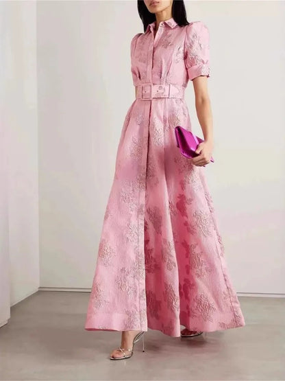 Amanda | Vestido Largo Elegante Rosa Bordado con Cinturón y Cuello Camisero para Fiesta