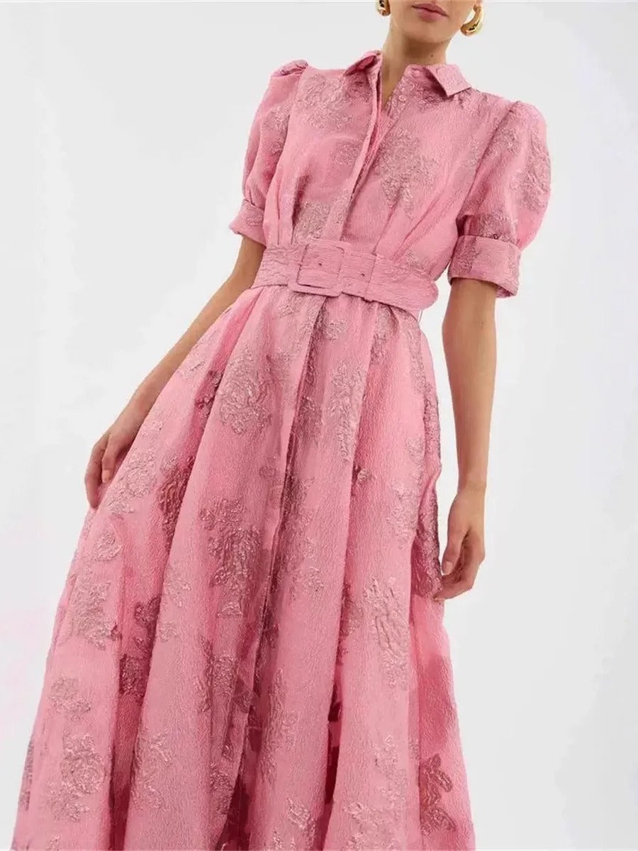 Amanda | Vestido Largo Elegante Rosa Bordado con Cinturón y Cuello Camisero para Fiesta