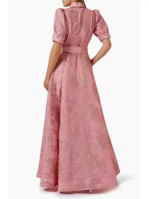 Amanda | Vestido Largo Elegante Rosa Bordado con Cinturón y Cuello Camisero para Fiesta