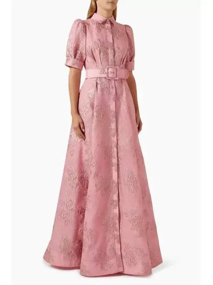 Amanda | Vestido Largo Elegante Rosa Bordado con Cinturón y Cuello Camisero para Fiesta