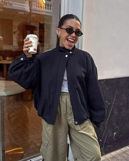 Chaqueta de Rayas con Cuello Mao Selena