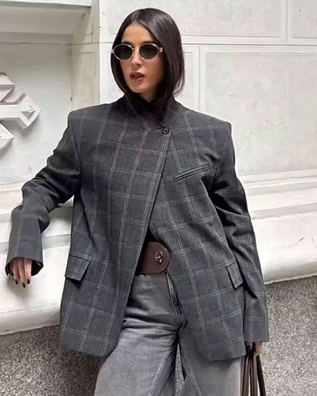 Aerona blazer de cuadros con cuello mao