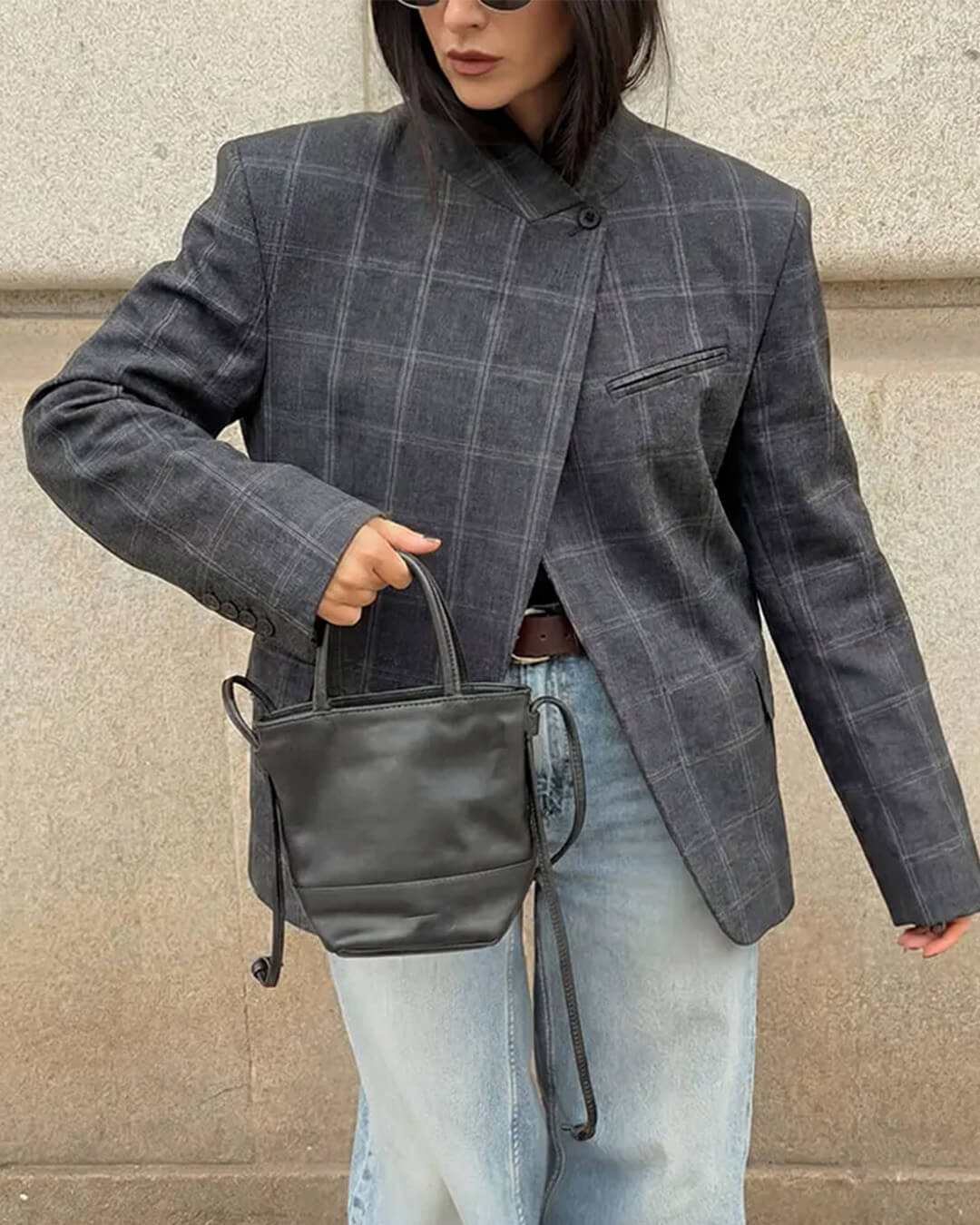 Aerona blazer de cuadros con cuello mao