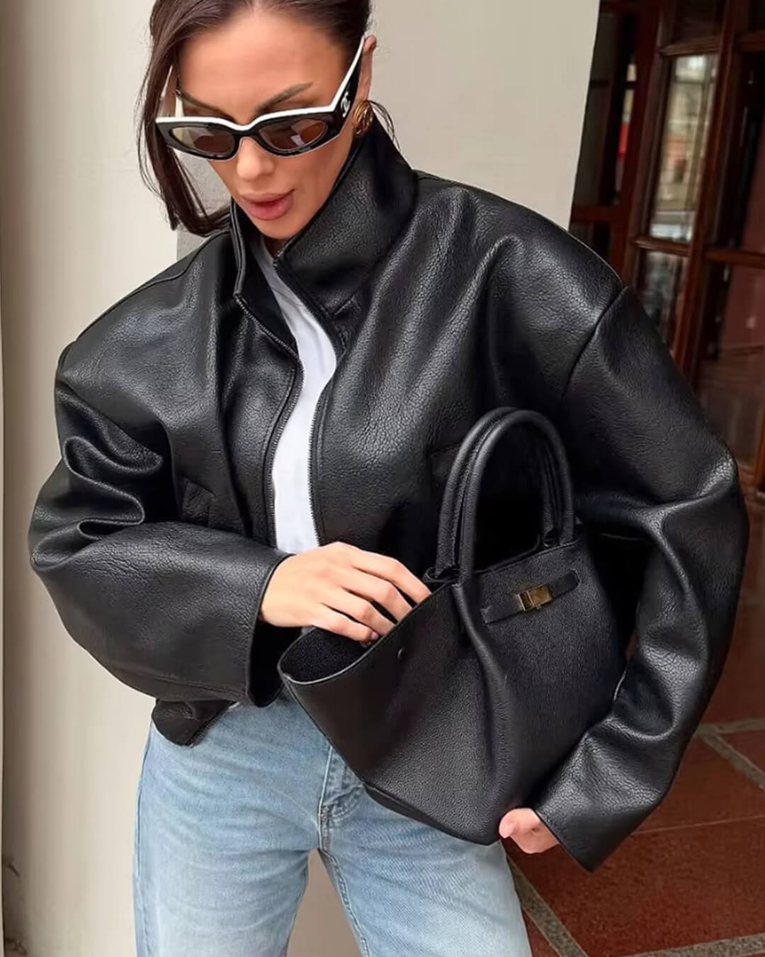 Chaqueta de cuero sintético con cremallera Zip